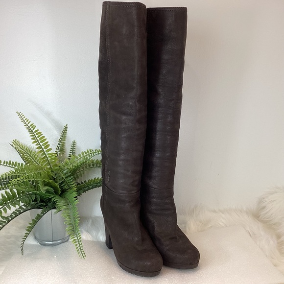 PRADA TALL BOOTS LEATHER CHOCOLATE BROWN BLOCK HEEL SLIGHT SLOUCH SZ 7.5 - Picture 9 of 16